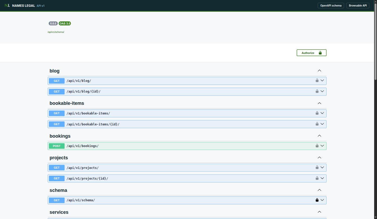 The interactive API documentation: collections blog, bookable-items, bookings, projects, services, each with its endpoints.